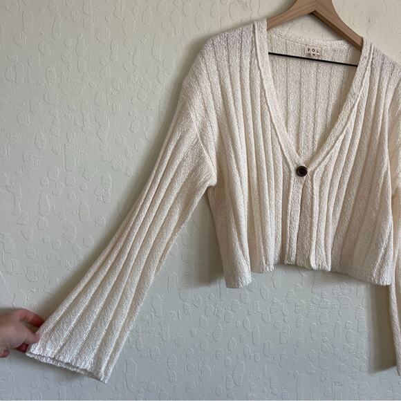 POL Hear Me Out Cropped Ribbed One Button Bell Sleeve Cardigan Small Cream Boho - Picture 7 of 10